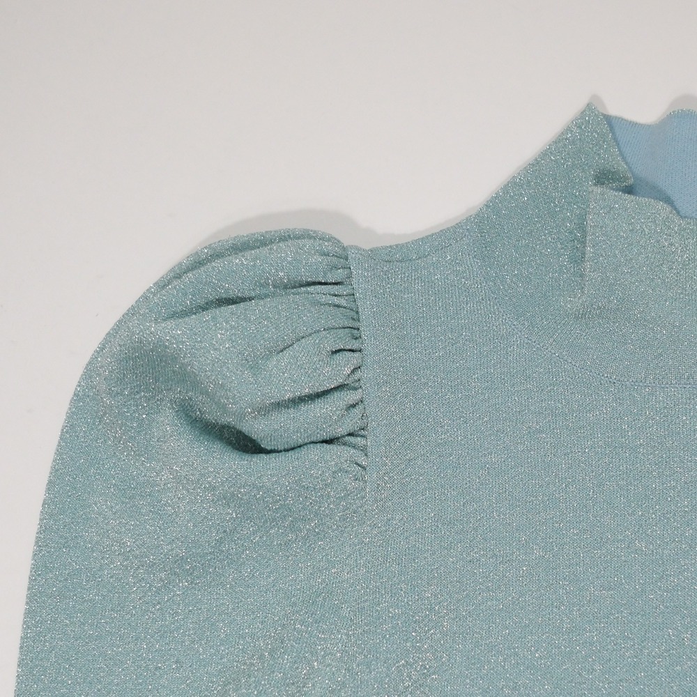 Alice + Olivia Issa Sweater Womens Large Blue Puff Sleeve Turtleneck Metallic - Picture 4 of 9